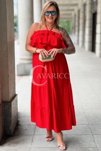 MARCELLA Maxikleid Rot – Luftig mit Volant & Bindung