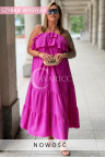 MARCELLA Kleid – Luftiges Maxikleid mit Volant am Ausschnitt und Neckholder-Bindung in Fuchsia