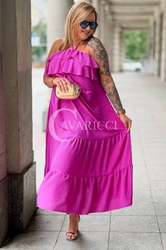 MARCELLA Maxikleid mit Volant & Neckholder in Fuchsia