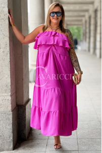 MARCELLA Maxikleid mit Volant & Neckholder in Fuchsia