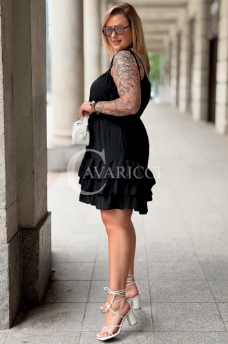 XENIA Sommerkleid Schwarz – Volants & Bindegürtel