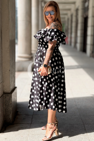 Kleid UMBERTO – Ausgestelltes Midikleid mit Punkten, Schwarz