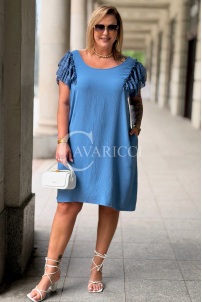 CIFANNIA Kleid – Lockere Form, Spitzenärmel & Taschen, Jeans