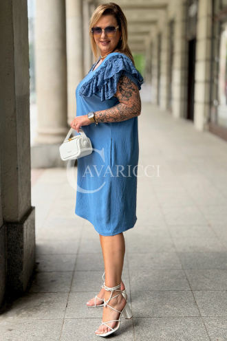 CIFANNIA Kleid – Lockere Form, Spitzenärmel & Taschen, Jeans