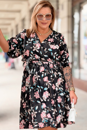 ANIKA Kleid Schwarz – Blumenprint & Wickelausschnitt