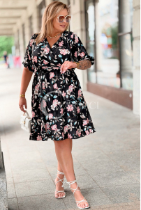 ANIKA Kleid Schwarz – Blumenprint & Wickelausschnitt