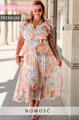 FARANESE Kleid Beige – Plissee, Volants & Blumenprint