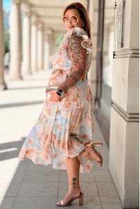 FARANESE Kleid Beige – Plissee, Volants & Blumenprint