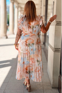FARANESE Kleid Beige – Plissee, Volants & Blumenprint