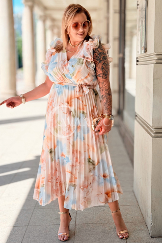 FARANESE Kleid Beige – Plissee, Volants & Blumenprint