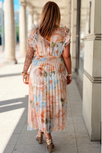 FARANESE Kleid Beige – Plissee, Volants & Blumenprint