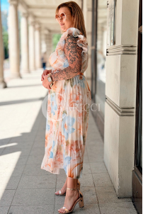 FARANESE Kleid Beige – Plissee, Volants & Blumenprint