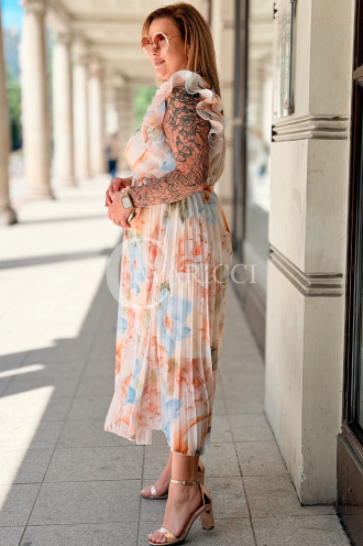 FARANESE Kleid Beige – Plissee, Volants & Blumenprint