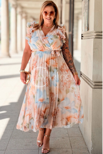 FARANESE Kleid Beige – Plissee, Volants & Blumenprint
