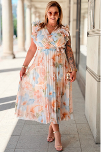 FARANESE Kleid Beige – Plissee, Volants & Blumenprint