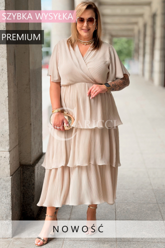 Plissiertes Midikleid XELLA Beige – Wickelausschnitt
