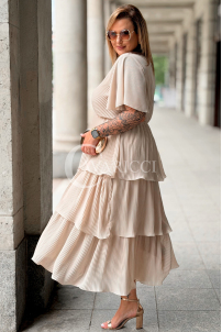 Plissiertes Midikleid XELLA Beige – Wickelausschnitt