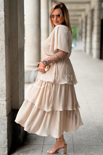 Plissiertes Midikleid XELLA Beige – Wickelausschnitt