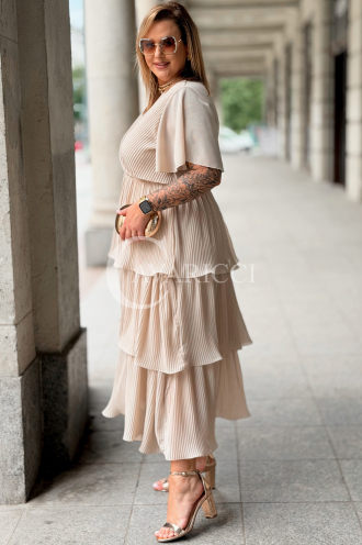 Plissiertes Midikleid XELLA Beige – Wickelausschnitt