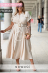 Premium Kleid NADIA – Hemdblusenschnitt Midi, Taillenbetonender Gürtel und Hüftkaschierender Schnitt Farbe Beige
