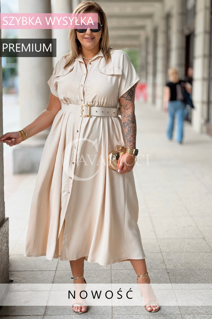 Premium Kleid NADIA – Elegantes Hemdblusenkleid Midi Beige
