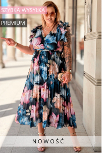 FARANESE Kleid Marineblau – Plissiert, Volants & Blumenprint