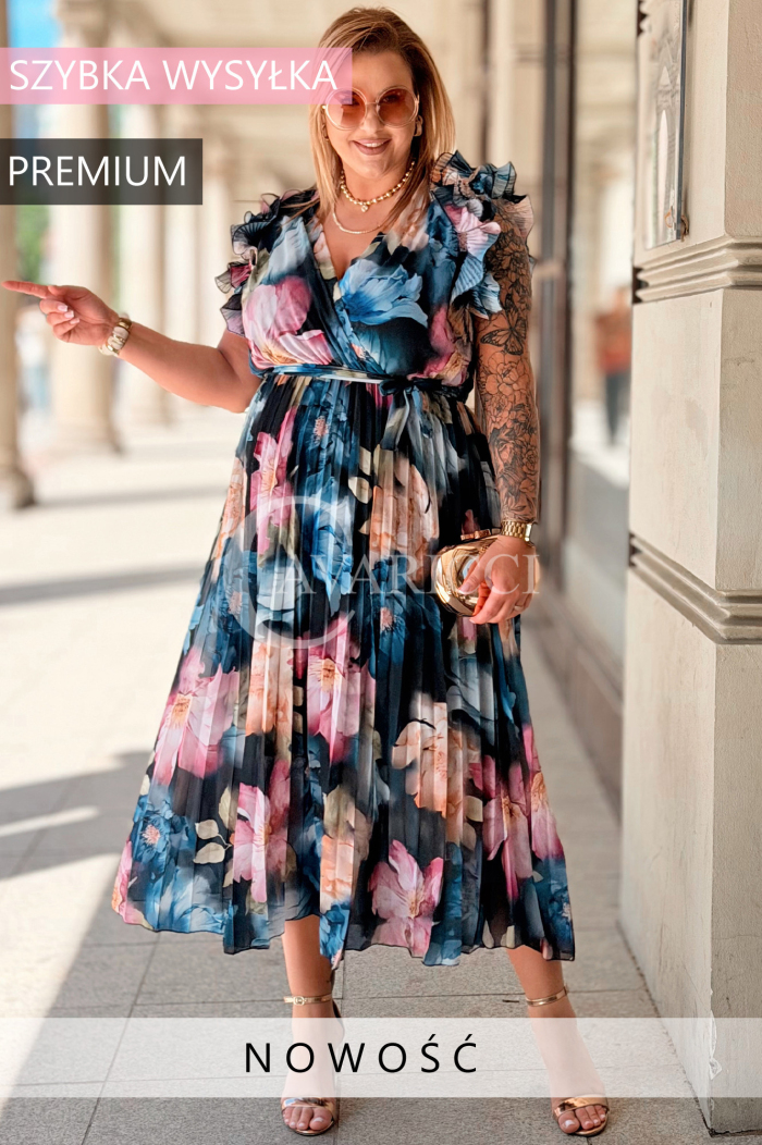 FARANESE Kleid Marineblau – Plissiert, Volants & Blumenprint