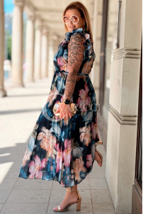 FARANESE Kleid Marineblau – Plissiert, Volants & Blumenprint