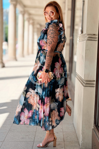 FARANESE Kleid Marineblau – Plissiert, Volants & Blumenprint