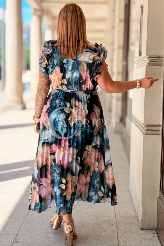 FARANESE Kleid Marineblau – Plissiert, Volants & Blumenprint