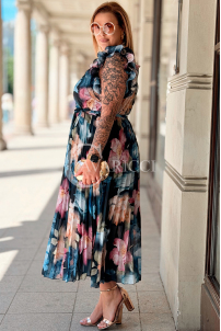 FARANESE Kleid Marineblau – Plissiert, Volants & Blumenprint