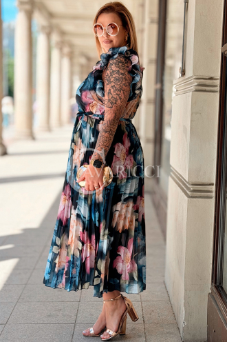 FARANESE Kleid Marineblau – Plissiert, Volants & Blumenprint