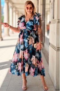 FARANESE Kleid Marineblau – Plissiert, Volants & Blumenprint