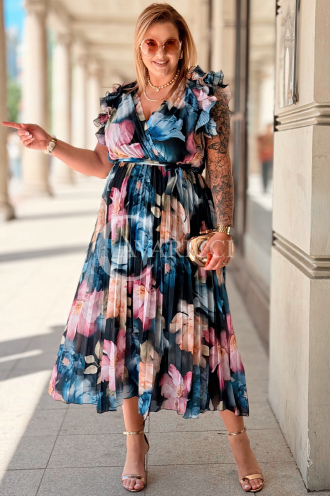 FARANESE Kleid Marineblau – Plissiert, Volants & Blumenprint