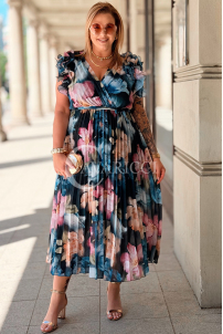 FARANESE Kleid Marineblau – Plissiert, Volants & Blumenprint
