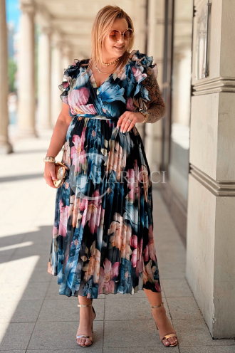 FARANESE Kleid Marineblau – Plissiert, Volants & Blumenprint