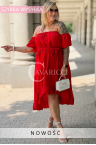 Kleid ANNEA – Schulterfreies Kleid mit Taillenbindung, Rüsche und asymmetrischem Saum Farbe Rot