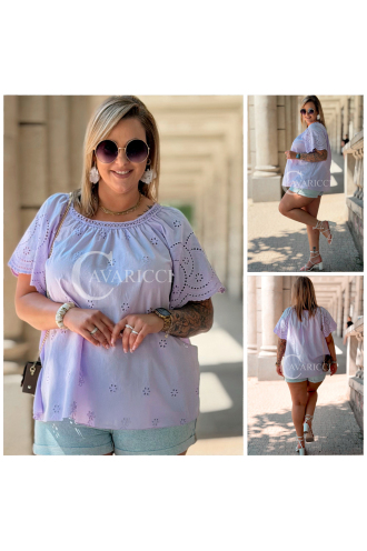 Bluse Dalila Lila – Lochstickerei & Raffung