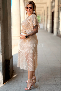Allegra Midi-Kleid mit Punkten & Wickelausschnitt | Beige