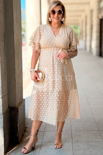 Allegra Midi-Kleid mit Punkten & Wickelausschnitt | Beige