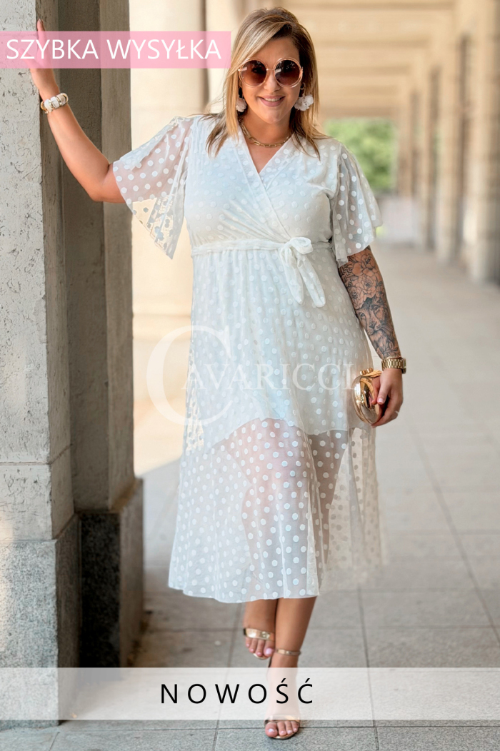 Allegra Kleid – Tüll-Midi mit Tupfen & V-Ausschnitt Ecru