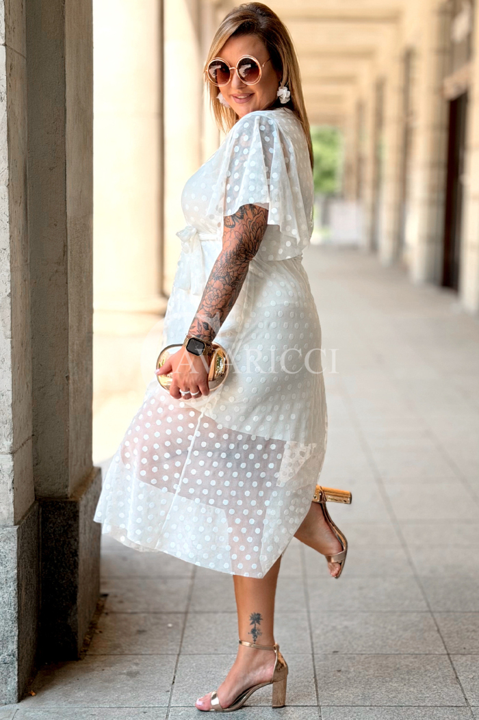 Allegra Kleid – Tüll-Midi mit Tupfen & V-Ausschnitt Ecru