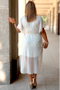 Allegra Kleid – Tüll-Midi mit Tupfen & V-Ausschnitt Ecru