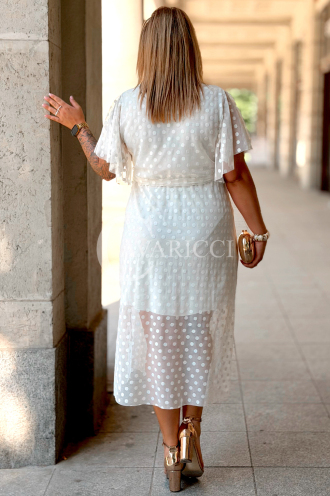 Allegra Kleid – Tüll-Midi mit Tupfen & V-Ausschnitt Ecru