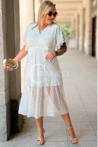 Allegra Kleid – Tüll-Midi mit Tupfen & V-Ausschnitt Ecru