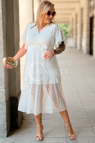 Allegra Kleid – Tüll-Midi mit Tupfen & V-Ausschnitt Ecru