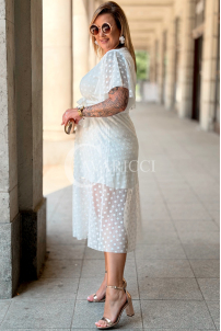 Allegra Kleid – Tüll-Midi mit Tupfen & V-Ausschnitt Ecru