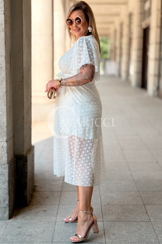 Allegra Kleid – Tüll-Midi mit Tupfen & V-Ausschnitt Ecru