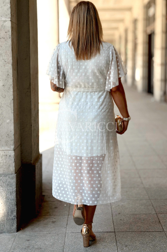 Allegra Kleid – Tüll-Midi mit Tupfen & V-Ausschnitt Ecru