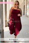 Jumpsuit ARIANNA – Korsettoberteil mit Gummiband, Weite Hosenbeine und Nackenbindung Farbe Weinrot